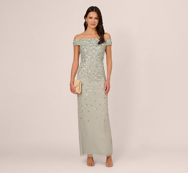 aidan mattox Off Shoulder Dress With Floral Embellishment In Frosted Sage