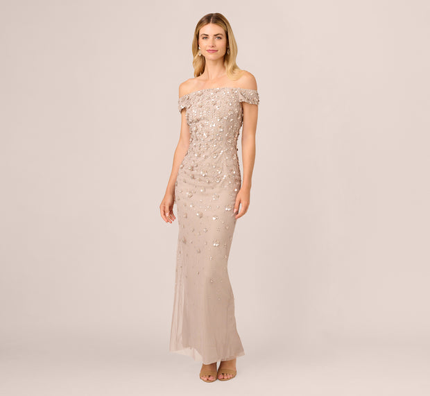 Aidan Mattox Off Shoulder Dress With Floral Embellishment In Marble