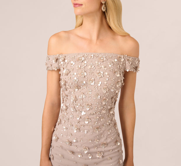 Aidan Mattox Off Shoulder Dress With Floral Embellishment In Marble