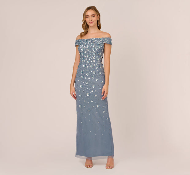 Aidan Mattox Off Shoulder Dress With Floral Embellishment In Vintage Blue