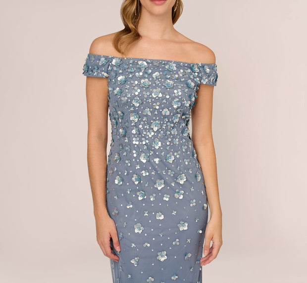 Aidan Mattox Off Shoulder Dress With Floral Embellishment In Vintage Blue