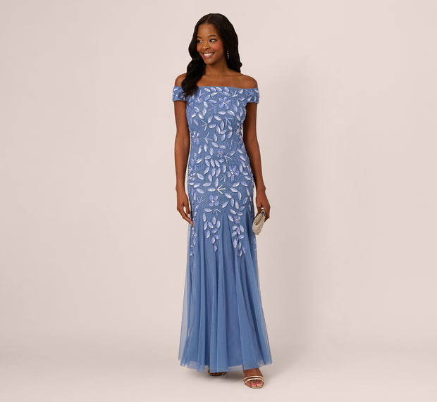 Aidan Mattox Off Shoulder Floral Beaded Godet Gown In French Blue