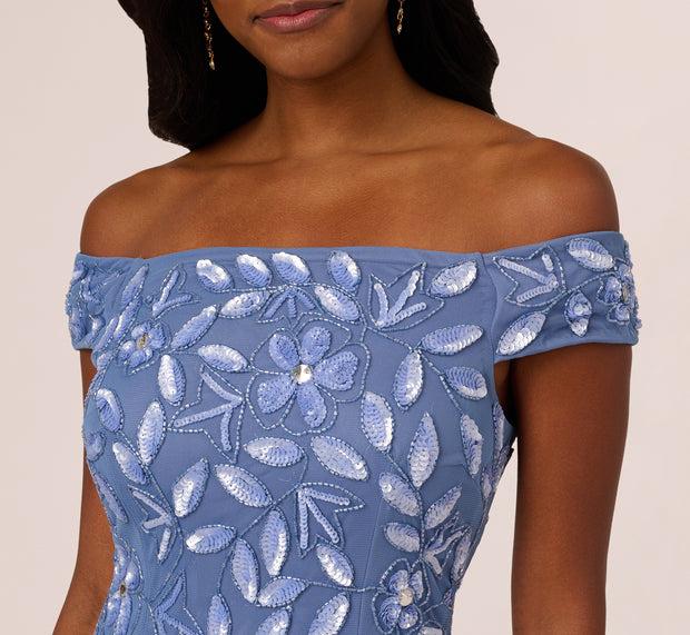 Aidan Mattox Off Shoulder Floral Beaded Godet Gown In French Blue