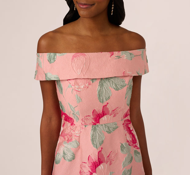 Aidan Mattox Off Shoulder Floral Jacquard Fit And Flare Gown In Pink Multi