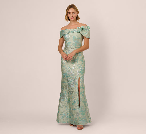 Aidan Mattox Off Shoulder Floral Jacquard Mermaid Gown In Icy Sage