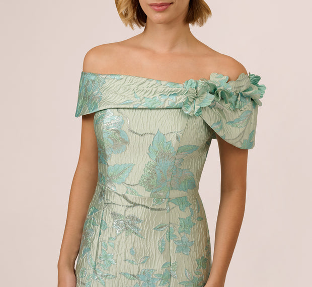 Aidan Mattox Off Shoulder Floral Jacquard Mermaid Gown In Icy Sage