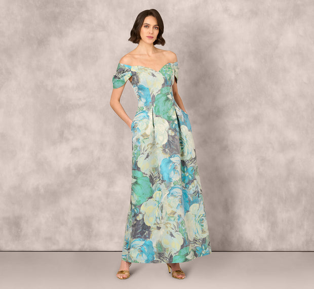 Aidan Mattox Off Shoulder Floral Jacquard Pleated Gown In Blue Multi