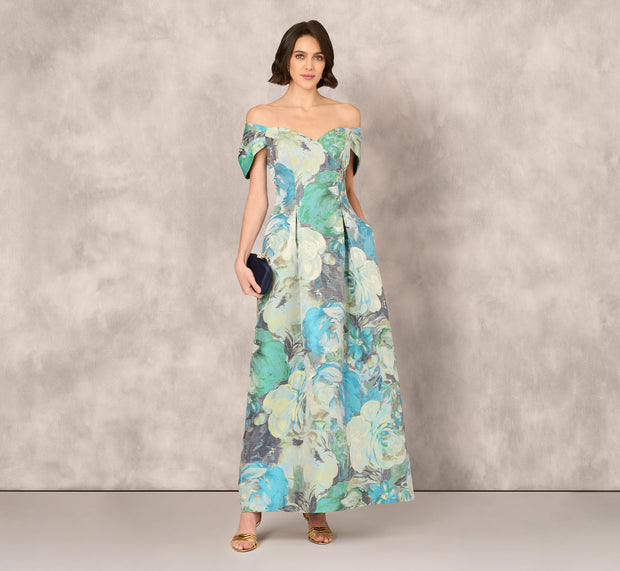 aidan mattox Off Shoulder Floral Jacquard Pleated Gown In Blue Multi