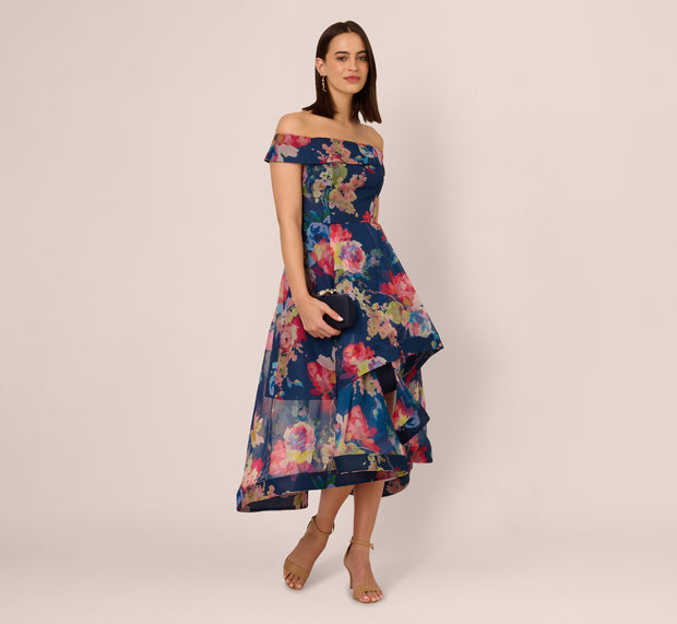 Aidan Mattox Off Shoulder Floral Organza High Low Dress In Navy Multi