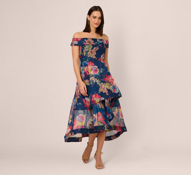 Aidan Mattox Off Shoulder Floral Organza High Low Dress In Navy Multi