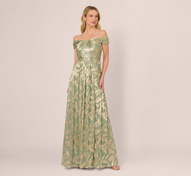 Aidan Mattox Off Shoulder Foil Leaf Crinkle Gown In Sage Gold