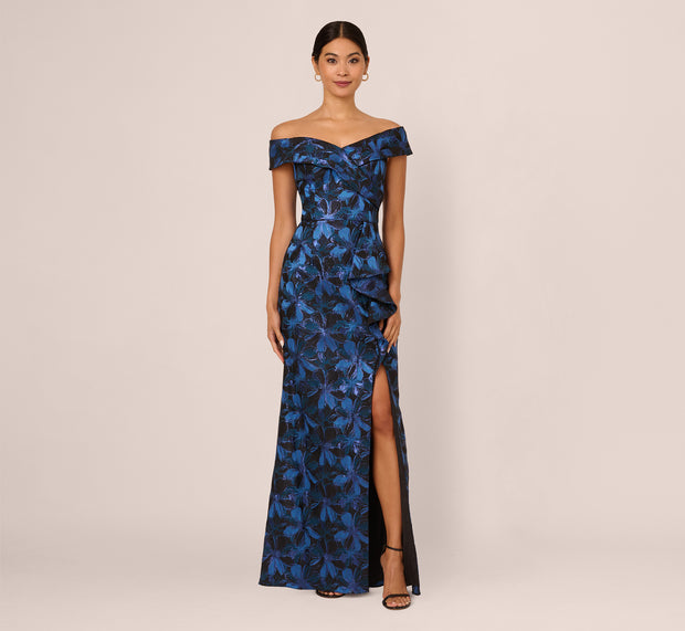 Aidan Mattox Off Shoulder Jacquard Gown In Blue Multi