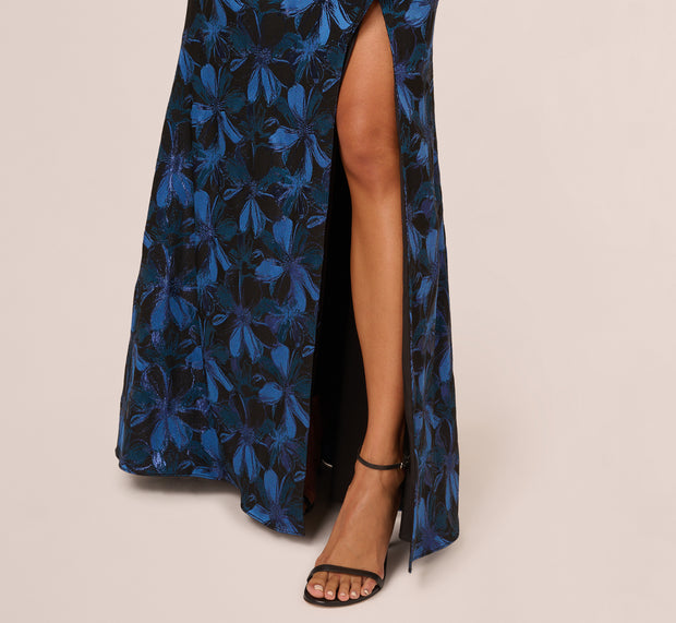 Aidan Mattox Off Shoulder Jacquard Gown In Blue Multi