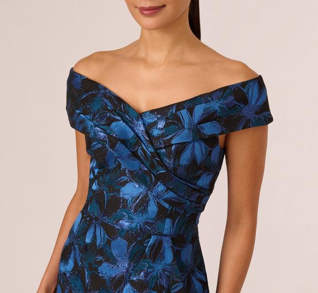 Aidan Mattox Off Shoulder Jacquard Gown In Blue Multi