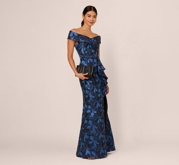 aidan mattox Off Shoulder Jacquard Gown In Blue Multi