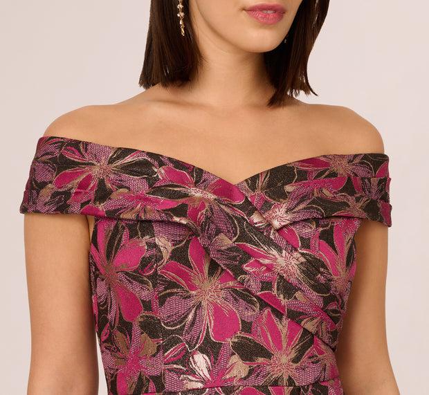 Aidan Mattox Off Shoulder Jacquard Gown In Fuchsia Multi