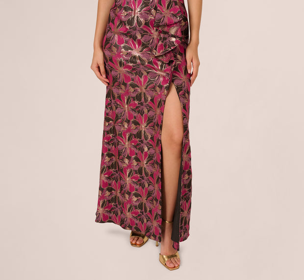 Aidan Mattox Off Shoulder Jacquard Gown In Fuchsia Multi