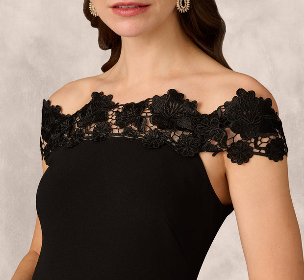 Aidan Mattox Off Shoulder Lace Trim Midi Sheath Dress In Black