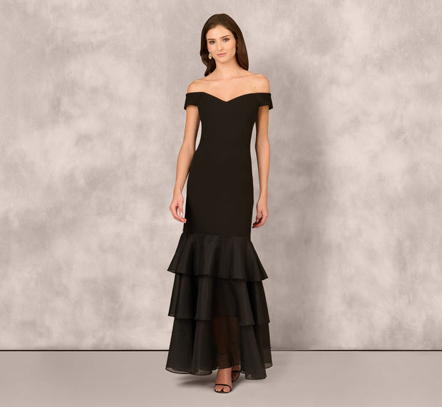 Aidan Mattox Off Shoulder Organza Flounce Mermaid Gown In Black