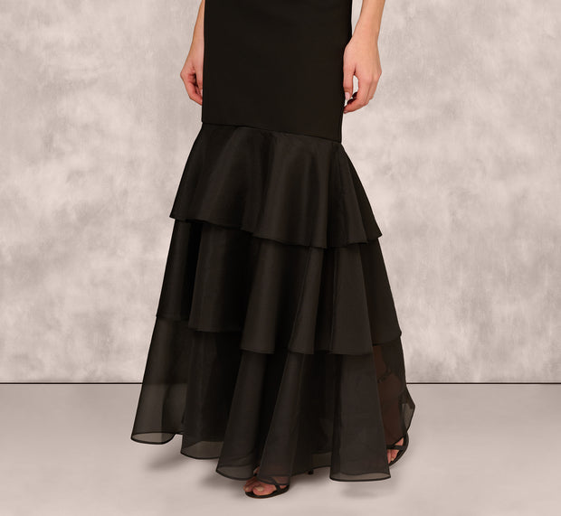 Aidan Mattox Off Shoulder Organza Flounce Mermaid Gown In Black