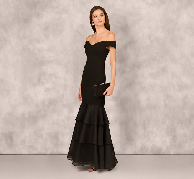 aidan mattox Off Shoulder Organza Flounce Mermaid Gown In Black