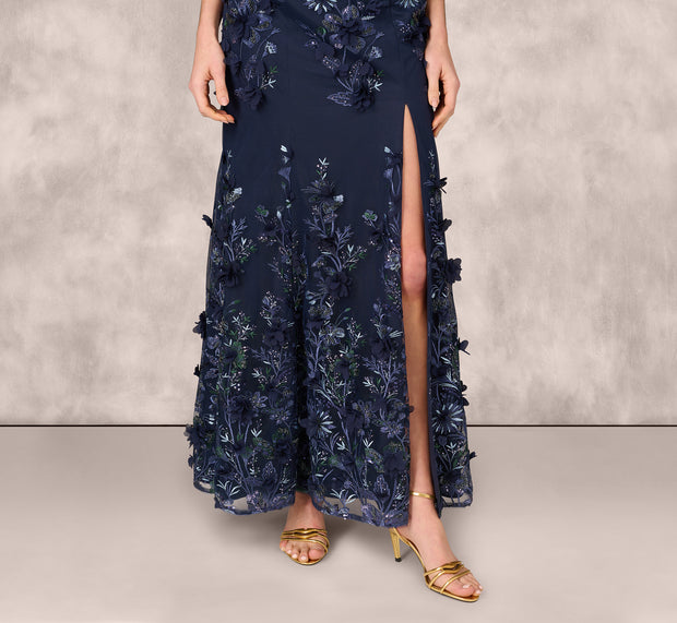 Aidan Mattox Off Shoulder Sequin Embroidery Mermaid Gown In Navy