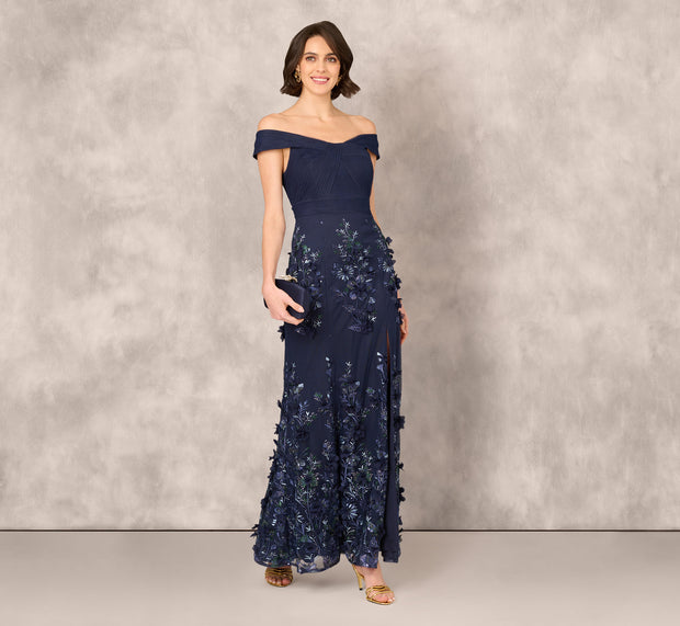 aidan mattox Off Shoulder Sequin Embroidery Mermaid Gown In Navy