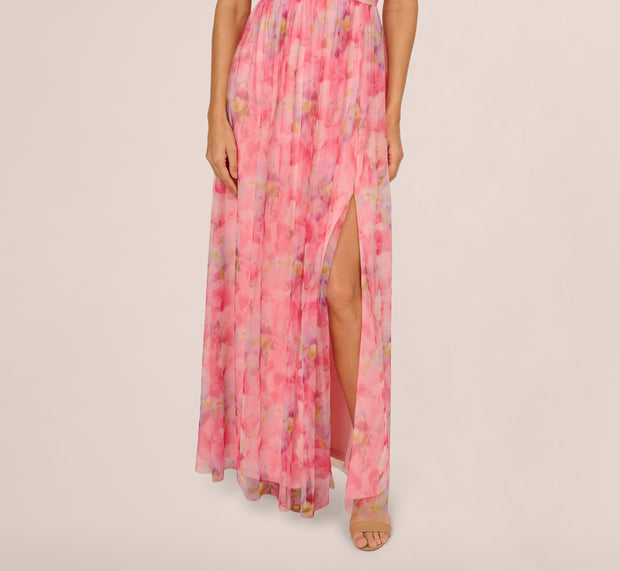 Aidan Mattox Off Shoulder Watercolor Print Tulle Gown In Pink Multi