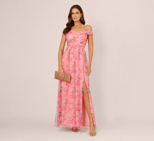 aidan mattox Off Shoulder Watercolor Print Tulle Gown In Pink Multi