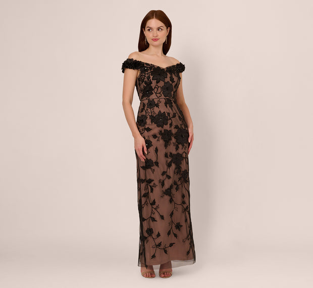 Aidan Mattox Off The Shoulder Beaded Column Gown With Rosette Accents In Black Rose