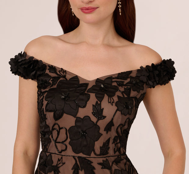 Aidan Mattox Off The Shoulder Beaded Column Gown With Rosette Accents In Black Rose