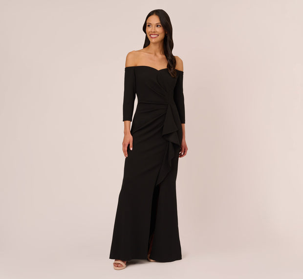 Aidan Mattox Off The Shoulder Cascading Ruffle Gown In Black