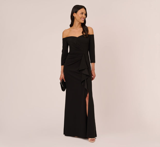 aidan mattox Off The Shoulder Cascading Ruffle Gown In Black