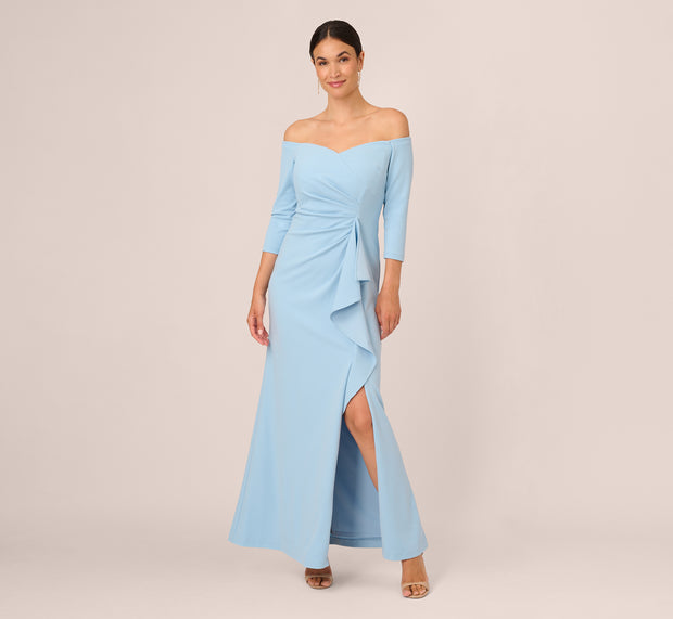 Aidan Mattox Off The Shoulder Cascading Ruffle Gown In Blue Mist
