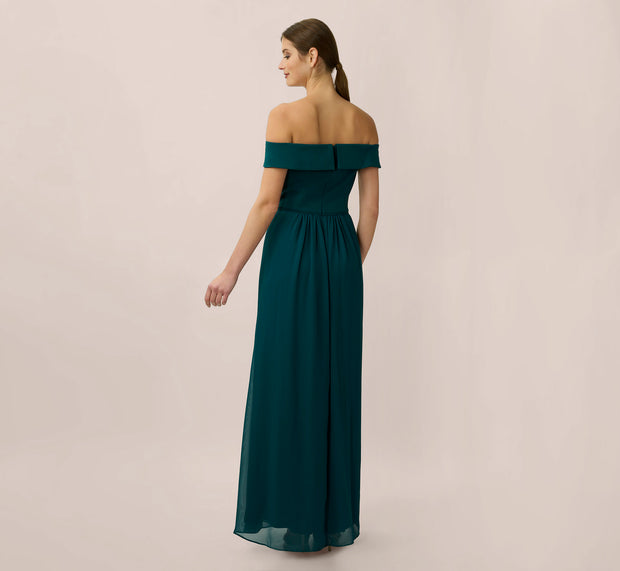 Aidan Mattox Off The Shoulder Crepe Chiffon Gown With Soft Skirt In Hunter