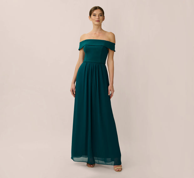aidan mattox Off The Shoulder Crepe Chiffon Gown With Soft Skirt In Hunter