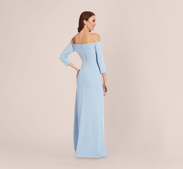 Aidan Mattox Off The Shoulder Dress With Cascading Ruffle Detail In Blue Mist