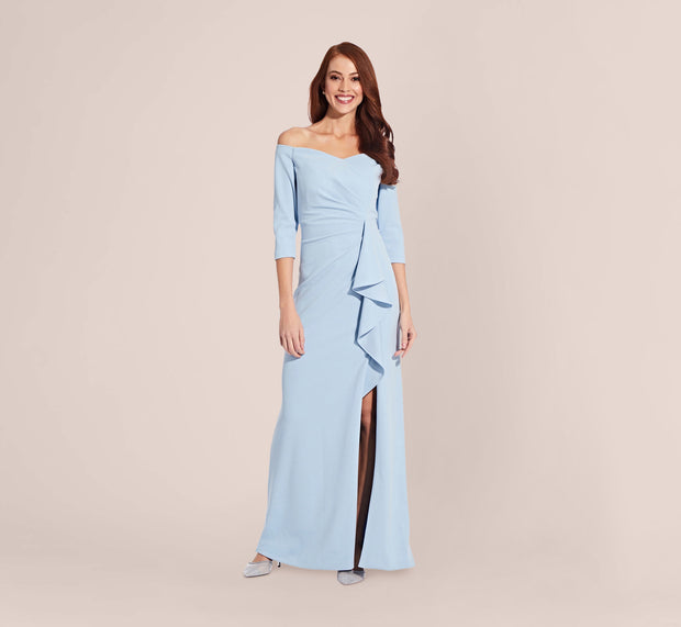 Aidan Mattox Off The Shoulder Dress With Cascading Ruffle Detail In Blue Mist
