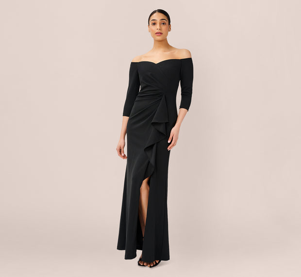aidan mattox Off The Shoulder Dress With Cascading Ruffle Detail In Black