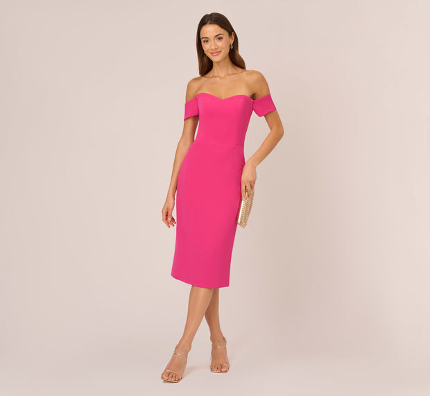 Aidan Mattox Off The Shoulder Midi Dress With Sweetheart Neckline In Brilliant Fuch