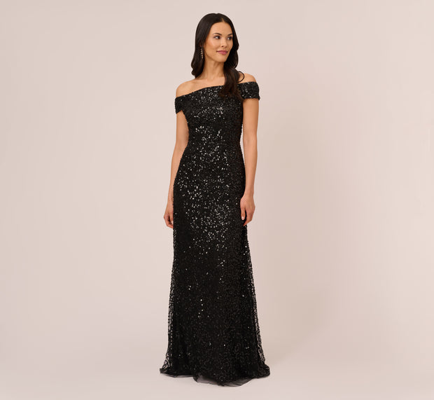 Aidan Mattox Off The Shoulder Sequin Beaded Gown In Black