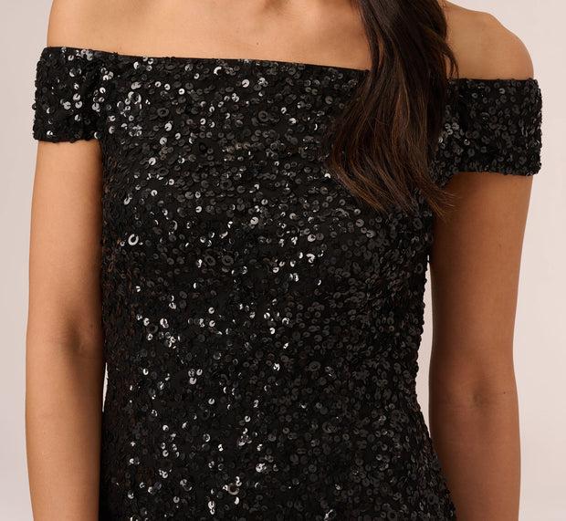 Aidan Mattox Off The Shoulder Sequin Beaded Gown In Black
