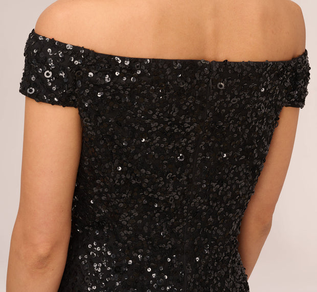 Aidan Mattox Off The Shoulder Sequin Beaded Gown In Black