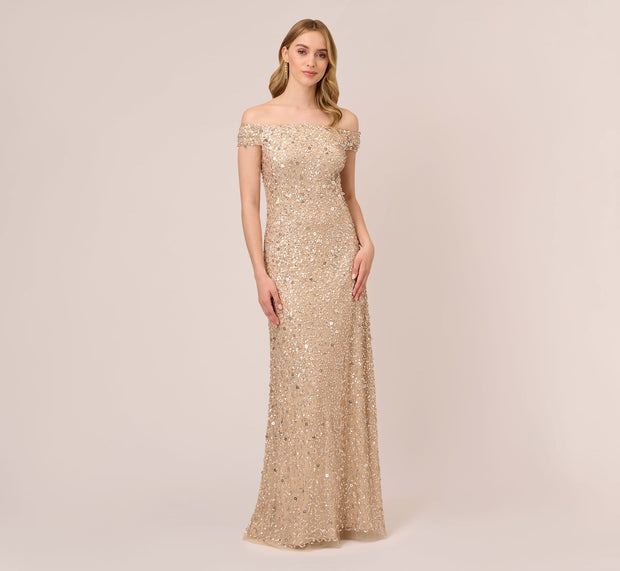 Aidan Mattox Off The Shoulder Sequin Beaded Gown In Champagne