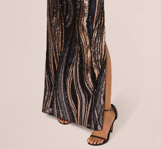 Aidan Mattox One Shoulder Abstract Sequin Gown In Black Multi