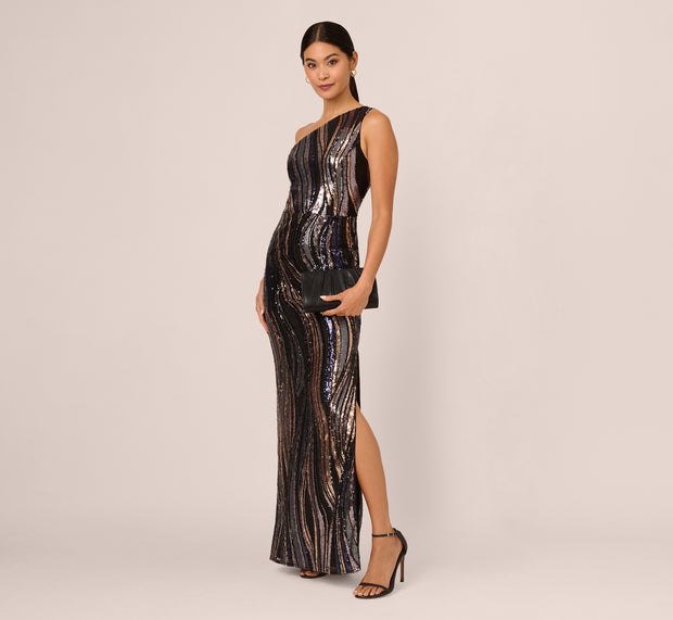 aidan mattox One Shoulder Abstract Sequin Gown In Black Multi