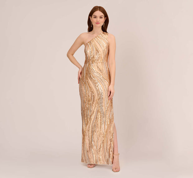 Aidan Mattox One Shoulder Abstract Sequin Gown In Champagne Gold Multi