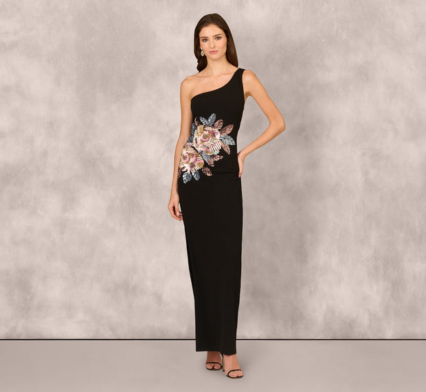 Aidan Mattox One Shoulder Beaded Floral Detail Long Dress In Black