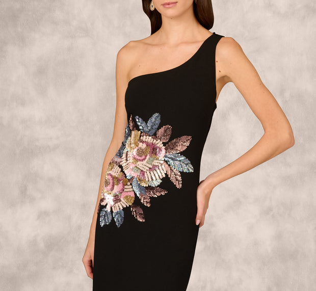 Aidan Mattox One Shoulder Beaded Floral Detail Long Dress In Black