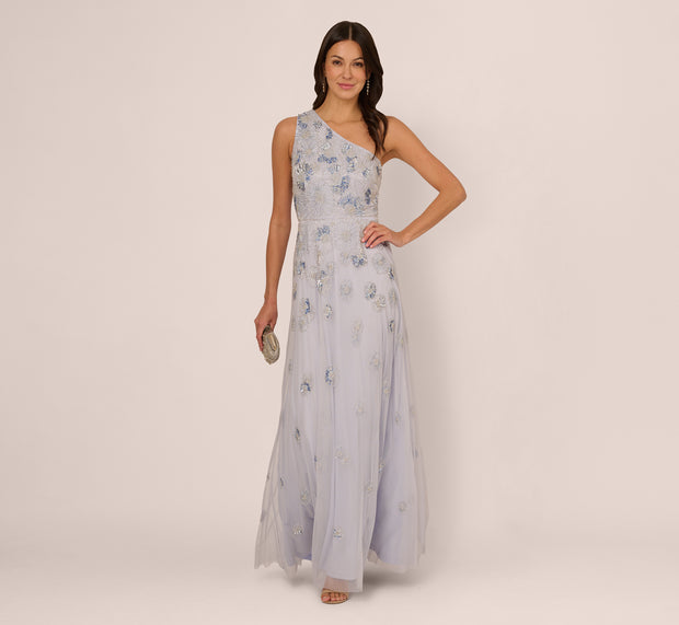Aidan Mattox One Shoulder Beaded Mesh Gown In Serenity
